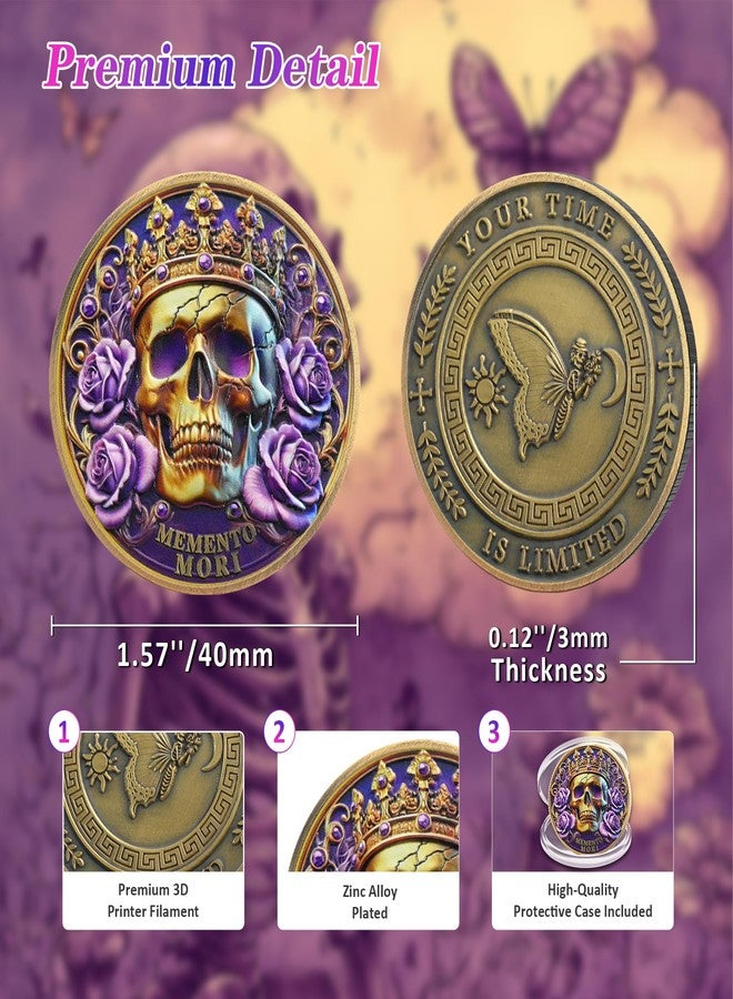IELCJJ Crown Skull Memento Mori Coin - Purple Rose Stoic Challenge Coin - Novelty EDC Amor Fati Token Medallions for Daily Stoic Practice - Inspirational Momento Mori Stoicism Gifts for Men Women Kids - Image 3